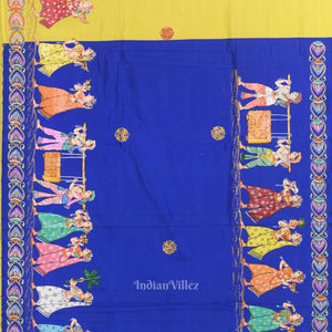 Royal Blue Yellow Boita Theme  Hand-Painted Pattachitra Saree