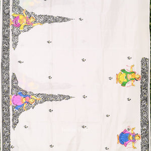 White Radha Krisha Hand-Painted Pattachitra Saree