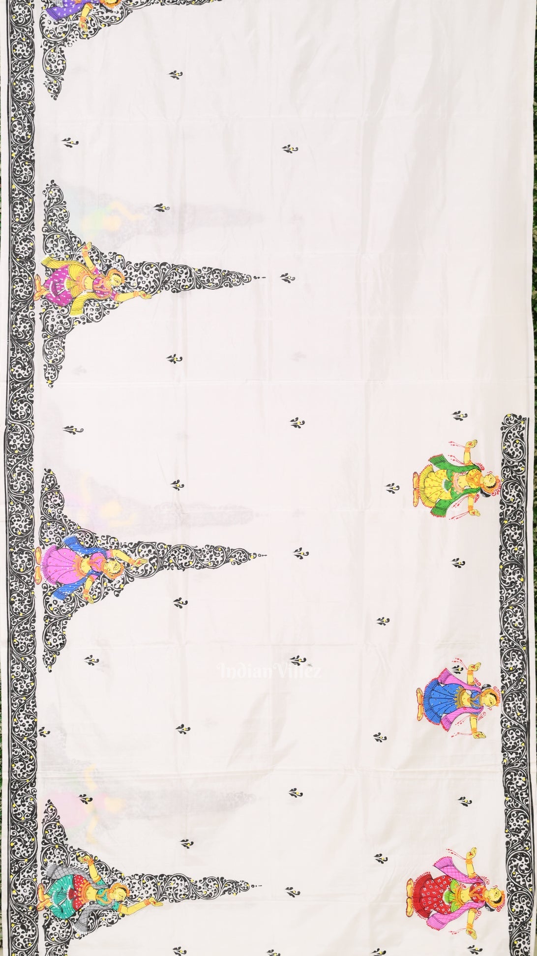 White Radha Krisha Hand-Painted Pattachitra Saree