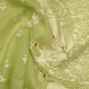 Pista Green Parsi Gara Floral Motif Hand Embroidered Saree