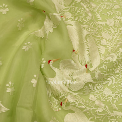 Pista Green Parsi Gara Floral Motif Hand Embroidered Saree