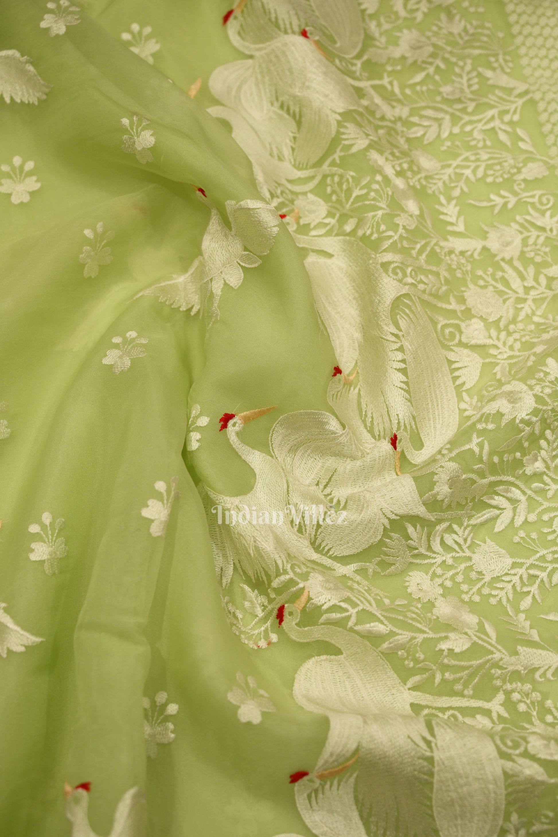Pista Green Parsi Gara Floral Motif Hand Embroidered Saree
