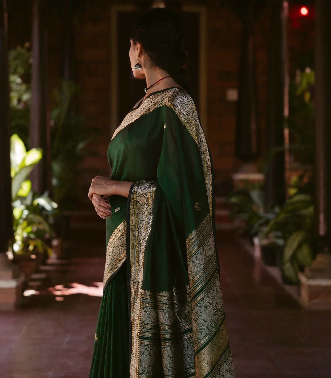 Dark Green Handloom Silk Cotton Saree With Maan (Deer) And Elephant (Yannai) Motifs