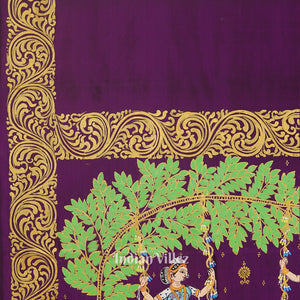 Parrot Green With Violet Raja Theme Hand-Painted Pattachitra Saree