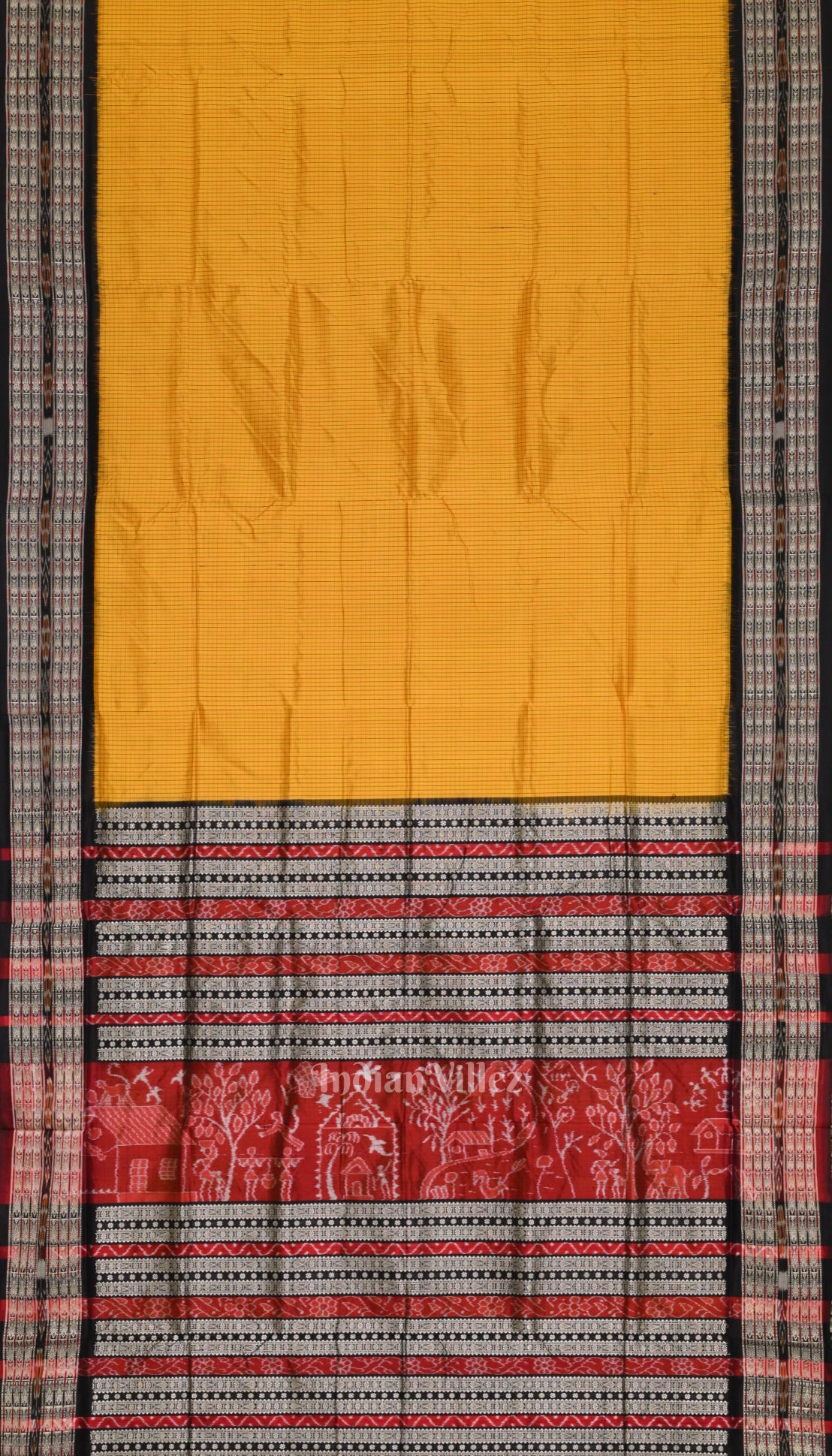 Mustard Yellow Black Checks Sachipar  Khandua Silk Saree