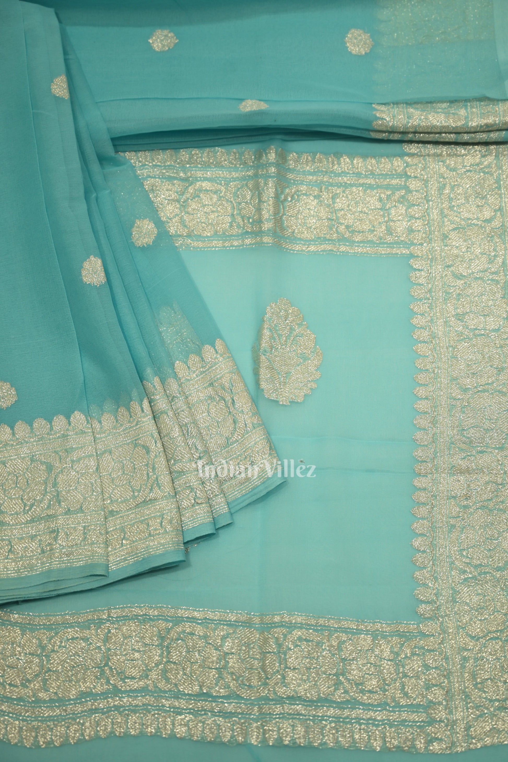 Light Blue Pure Khaddi Chiffon Banarasi Saree