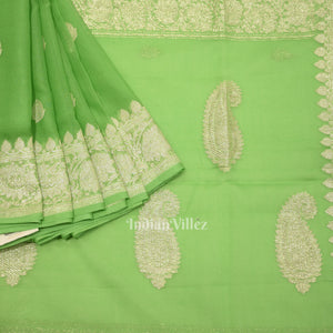 Parrot Green Pure Khaddi Chiffon Banarasi Saree