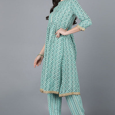 Sea Green Cotton blend Anarkali Kurta Pant With Dupatta VKSKD1463