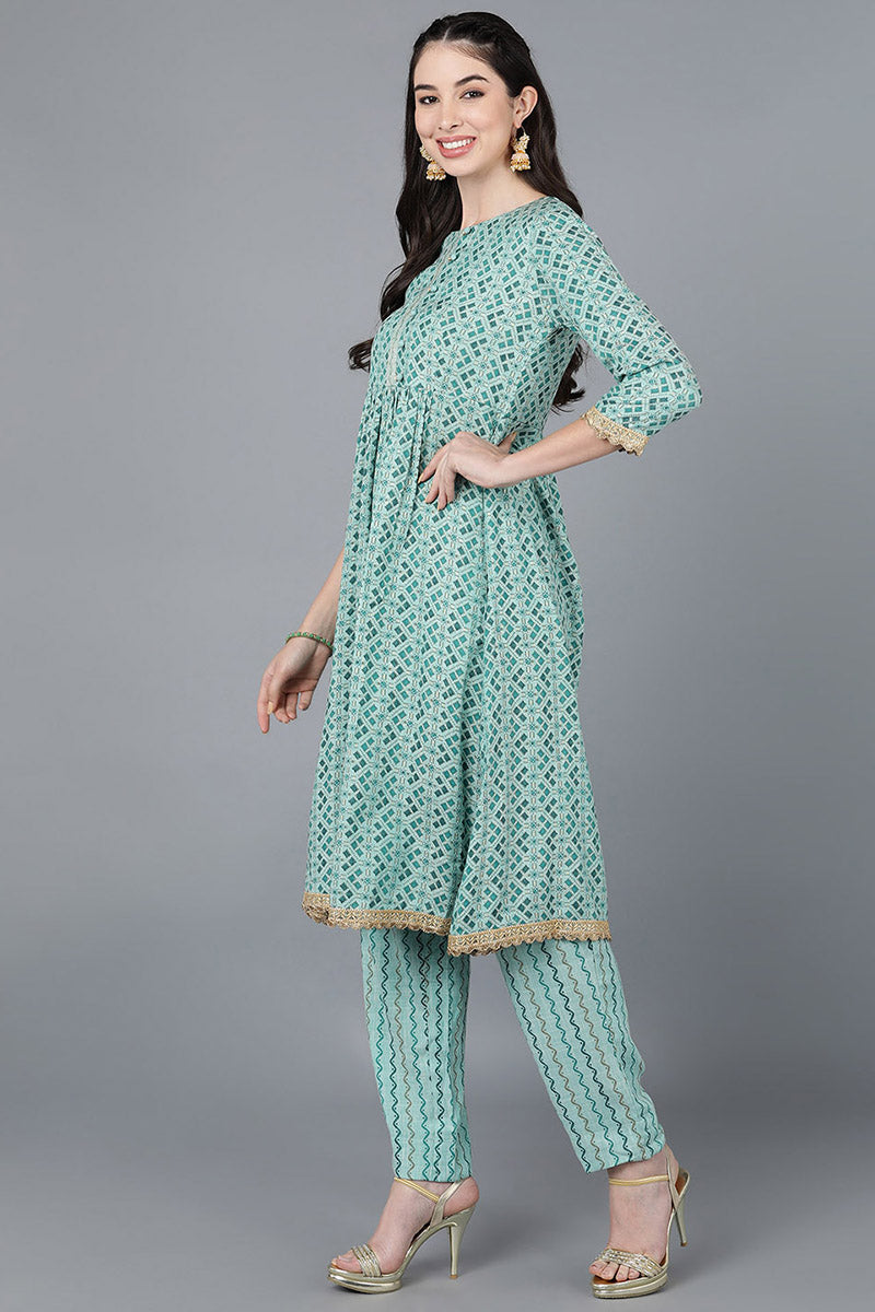 Sea Green Cotton blend Anarkali Kurta Pant With Dupatta VKSKD1463