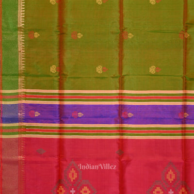 Mehendi Green Pink Pure Bishnupuri Silk Saree