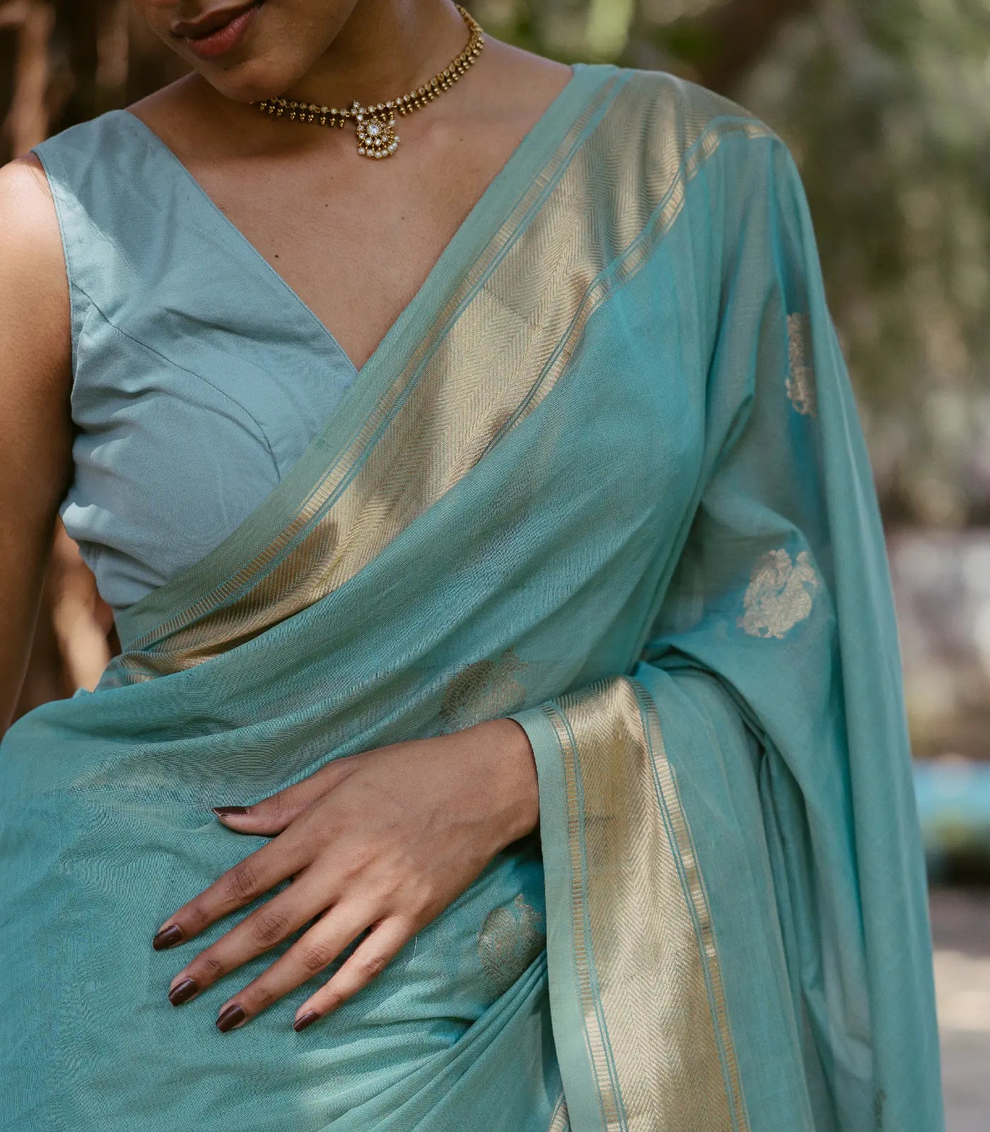Turquoise Handloom Kanchi Cotton Saree With Annam Buttas