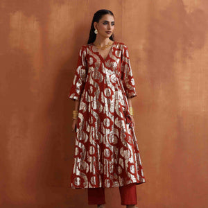 trueBrowns Rust Metallic Angrakha Kurta Set