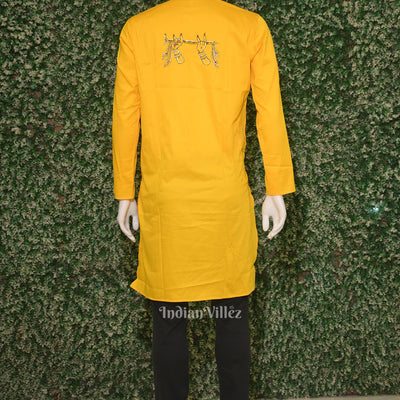 Yellow Krishna Theme Hand-Painted Pattachitra Kurta
