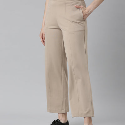Women Solid Beige Ponte Wide Leg Pants