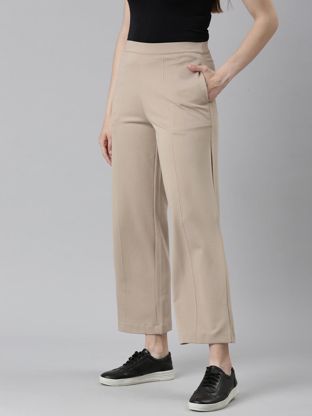 Women Solid Beige Ponte Wide Leg Pants