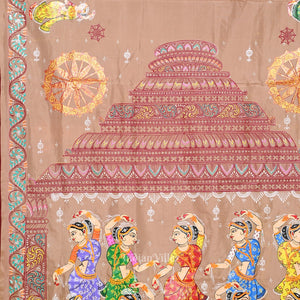 Beige Cream Maroon Nataki Konark Temple Hand-Painted Pattachitra Saree