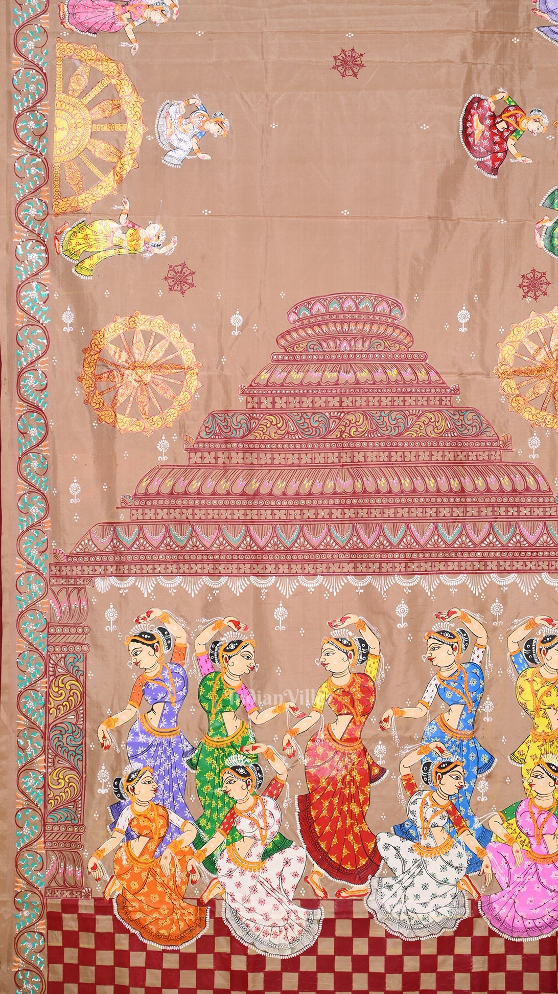 Beige Cream Maroon Nataki Konark Temple Hand-Painted Pattachitra Saree