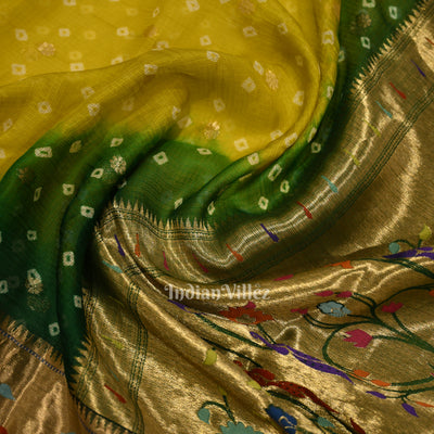 Yellow Green Bandhini  Banarasi Kota Silk Saree with Paithani Border