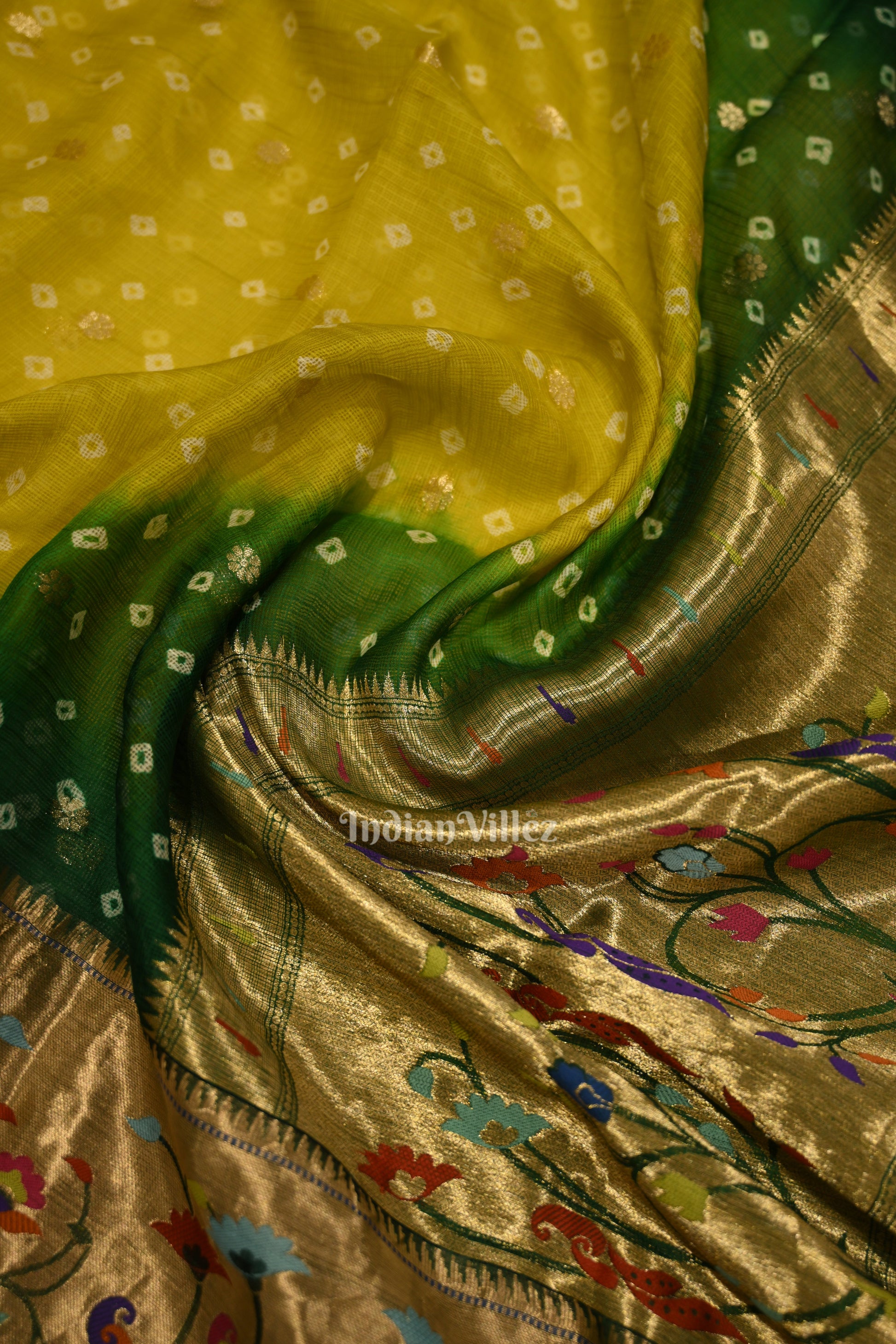 Yellow Green Bandhini  Banarasi Kota Silk Saree with Paithani Border