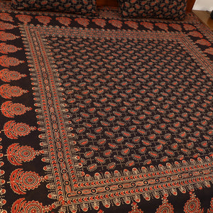 Black - Block Print Cotton Double Ajrakh Bed Sheet Set 01