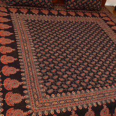 Black - Block Print Cotton Double Ajrakh Bed Sheet Set 01