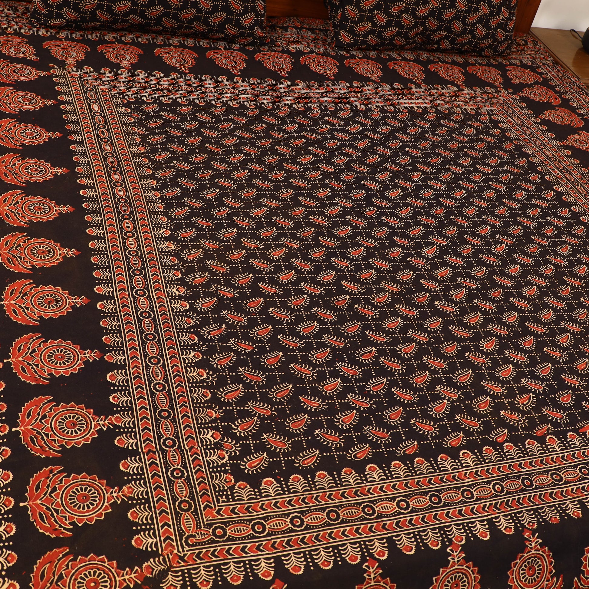 Black - Block Print Cotton Double Ajrakh Bed Sheet Set 01