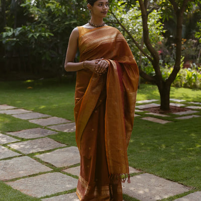 Honey Amber Handloom Silk Cotton With Kalamam Buttas and Checked border