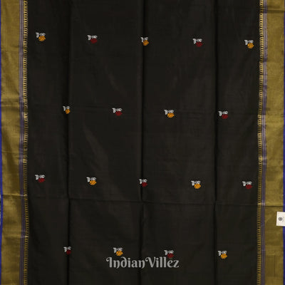 Black Maroon Flower Motif Pure Bishnupuri Silk Saree