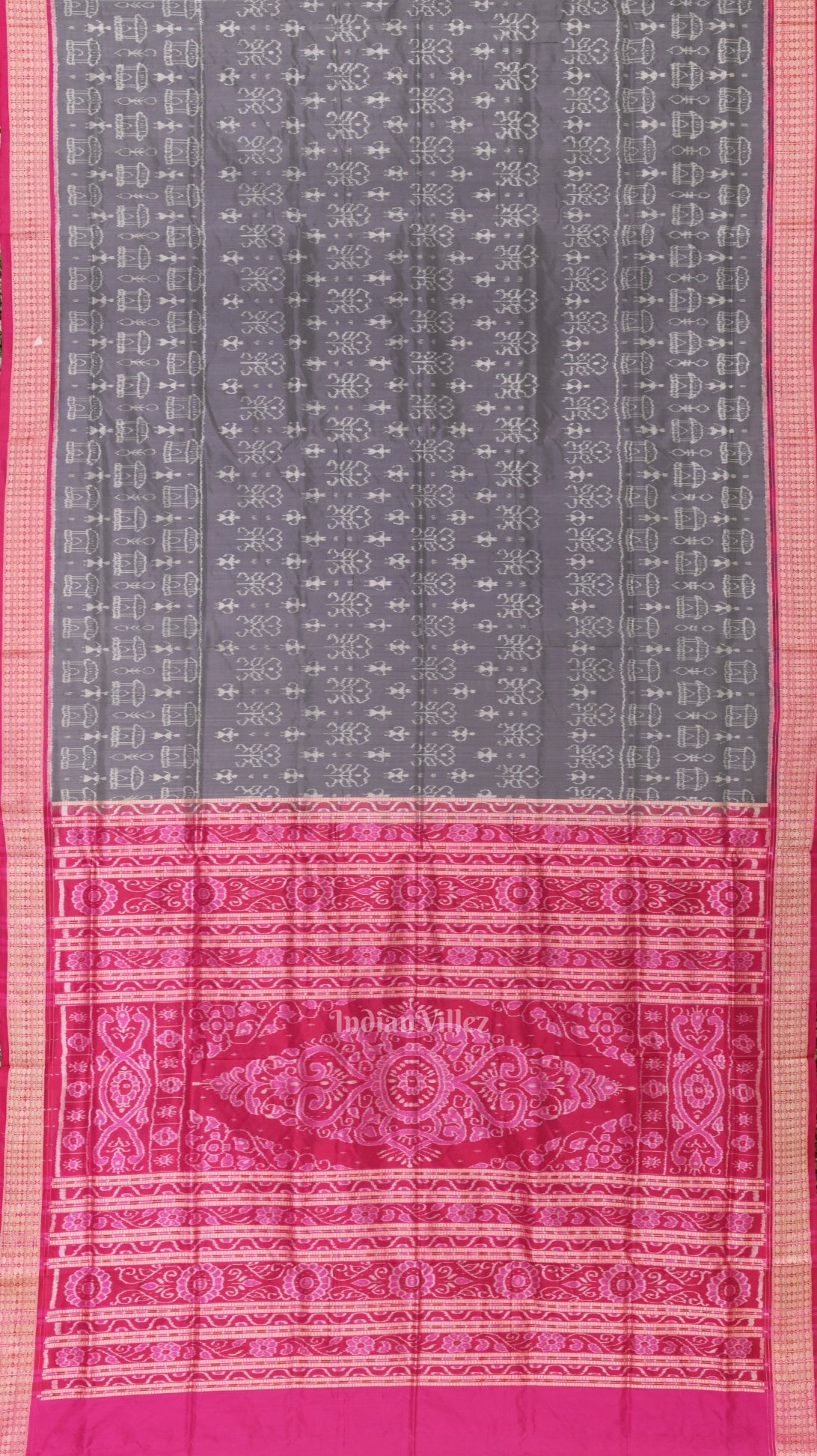 Cement Gray Rani Pink Tribal Theme Sambalpuri Silk Saree