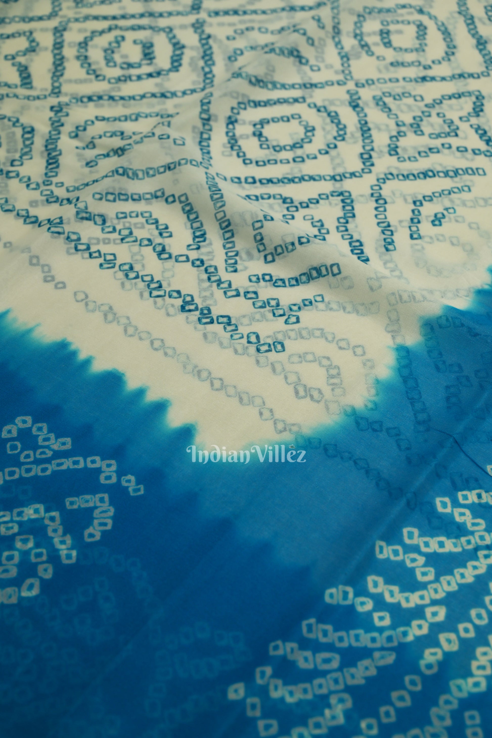 White Blue Pure Khaddi Georgette Bandhani Banarasi Saree