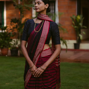Maroon Handloom Bengal Cotton Saree With Red and Black Gradient stripes