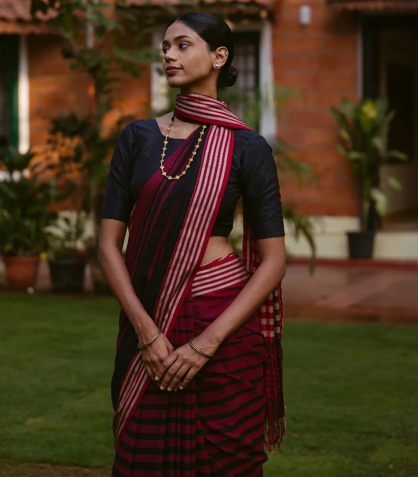 Maroon Handloom Bengal Cotton Saree With Red and Black Gradient stripes