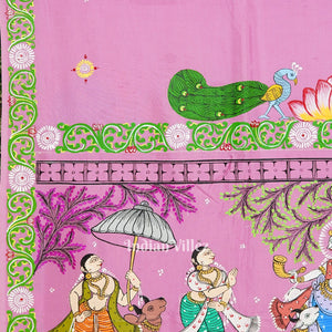 Pink Krishna Rasa Leela Theme Hand-Painted Pattachitra Saree