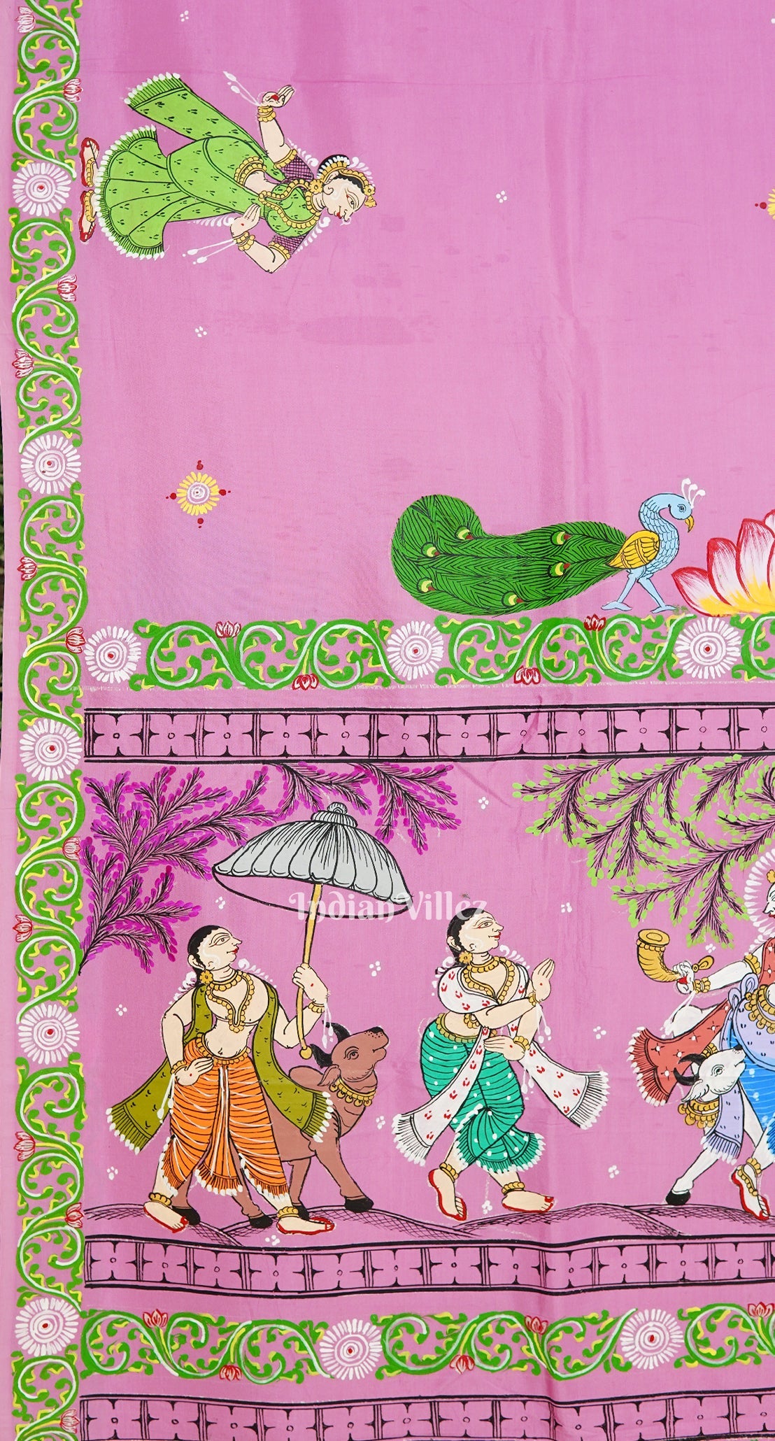 Pink Krishna Rasa Leela Theme Hand-Painted Pattachitra Saree