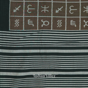 Brownish Green Zodiac Symbol Odisha Ikat Sambalpuri Pure Cotton Saree