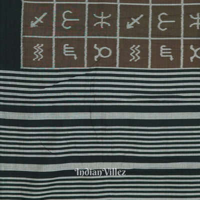 Brownish Green Zodiac Symbol Odisha Ikat Sambalpuri Pure Cotton Saree