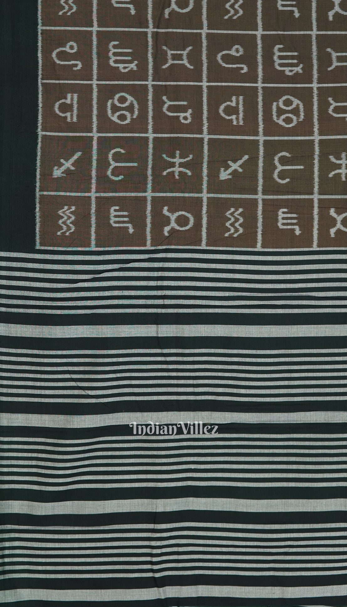 Brownish Green Zodiac Symbol Odisha Ikat Sambalpuri Pure Cotton Saree