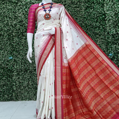White Rani Laxmi Pada Bomkai Pure Sambalpuri Silk Saree