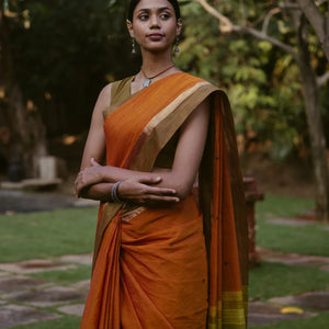 Orange Handloom Village Cotton Saree With Plus Buttas