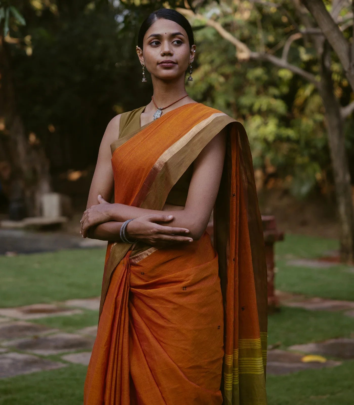 Orange Handloom Village Cotton Saree With Plus Buttas