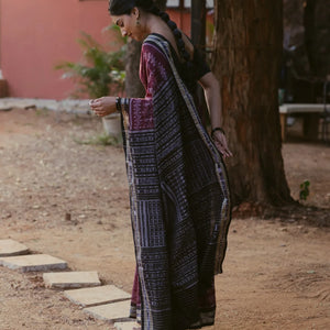 Dark Purple Handloom Orissa Cotton saree With Worli Design