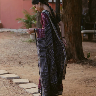 Dark Purple Handloom Orissa Cotton saree With Worli Design