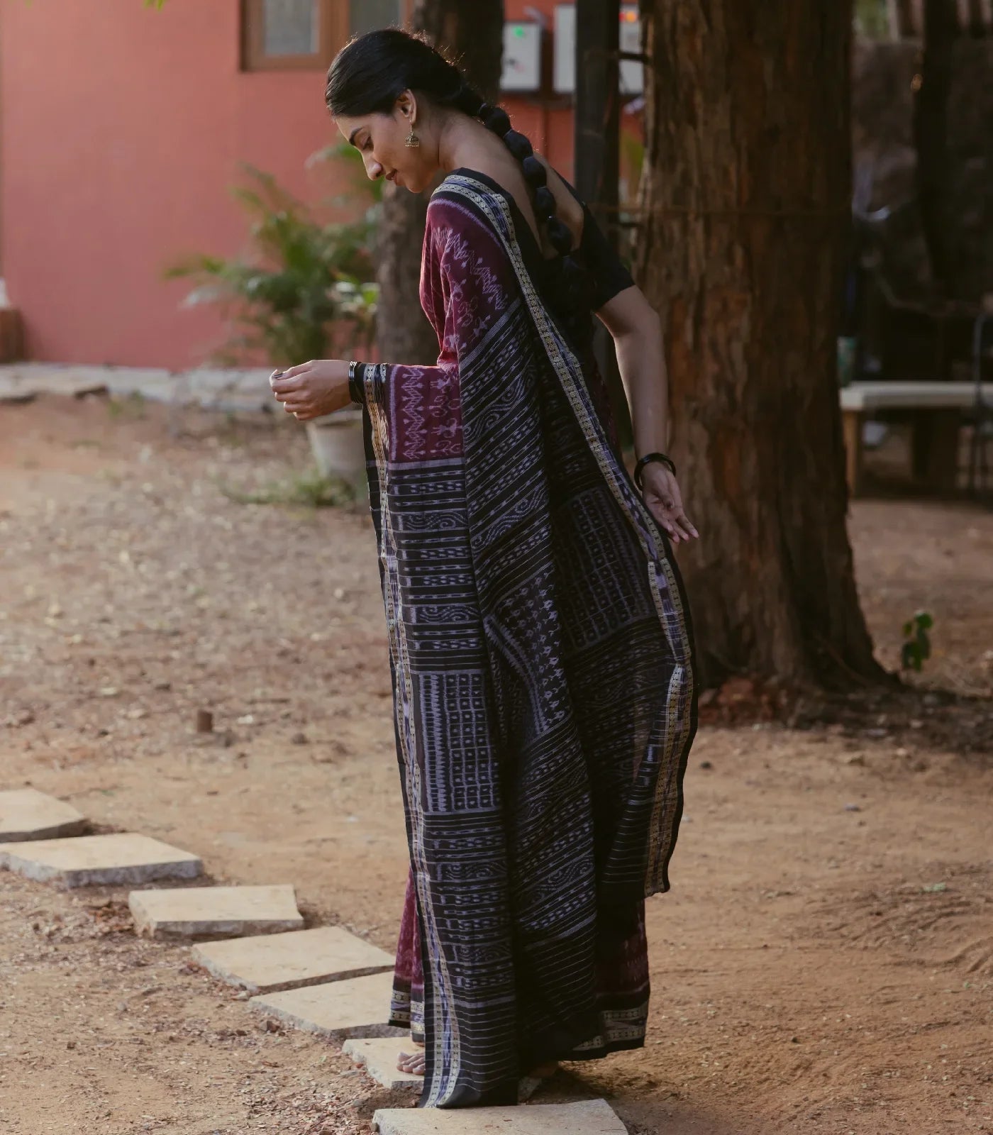 Dark Purple Handloom Orissa Cotton saree With Worli Design