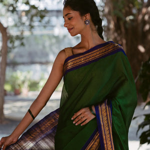 Dark Green Handloom Gadwal Cotton Saree With Contrast Purple Border