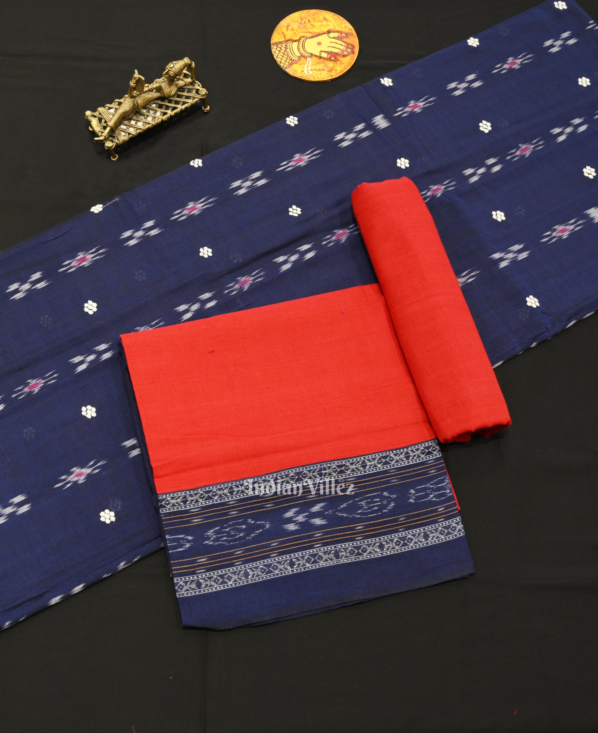 Blue Red Pasapali Bandha Sambalpuri Cotton Dress set & Dupatta