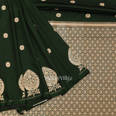 Bottle Green Floral Motif Mashru Satin Silk Banarasi Saree