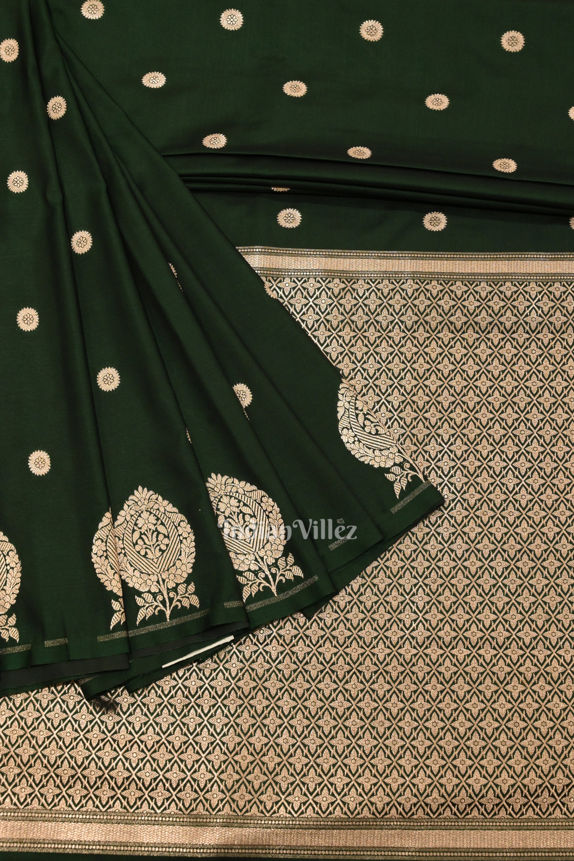 Bottle Green Floral Motif Mashru Satin Silk Banarasi Saree