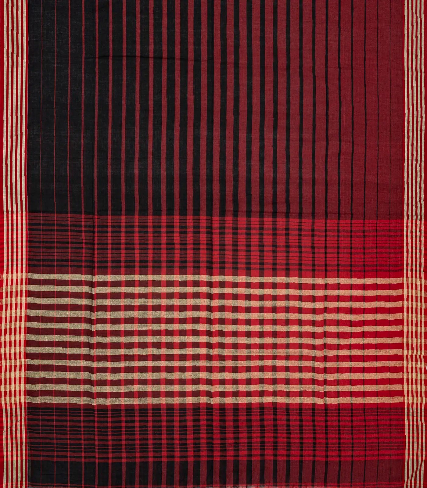 Maroon Handloom Bengal Cotton Saree With Red & Black Gradient stripes