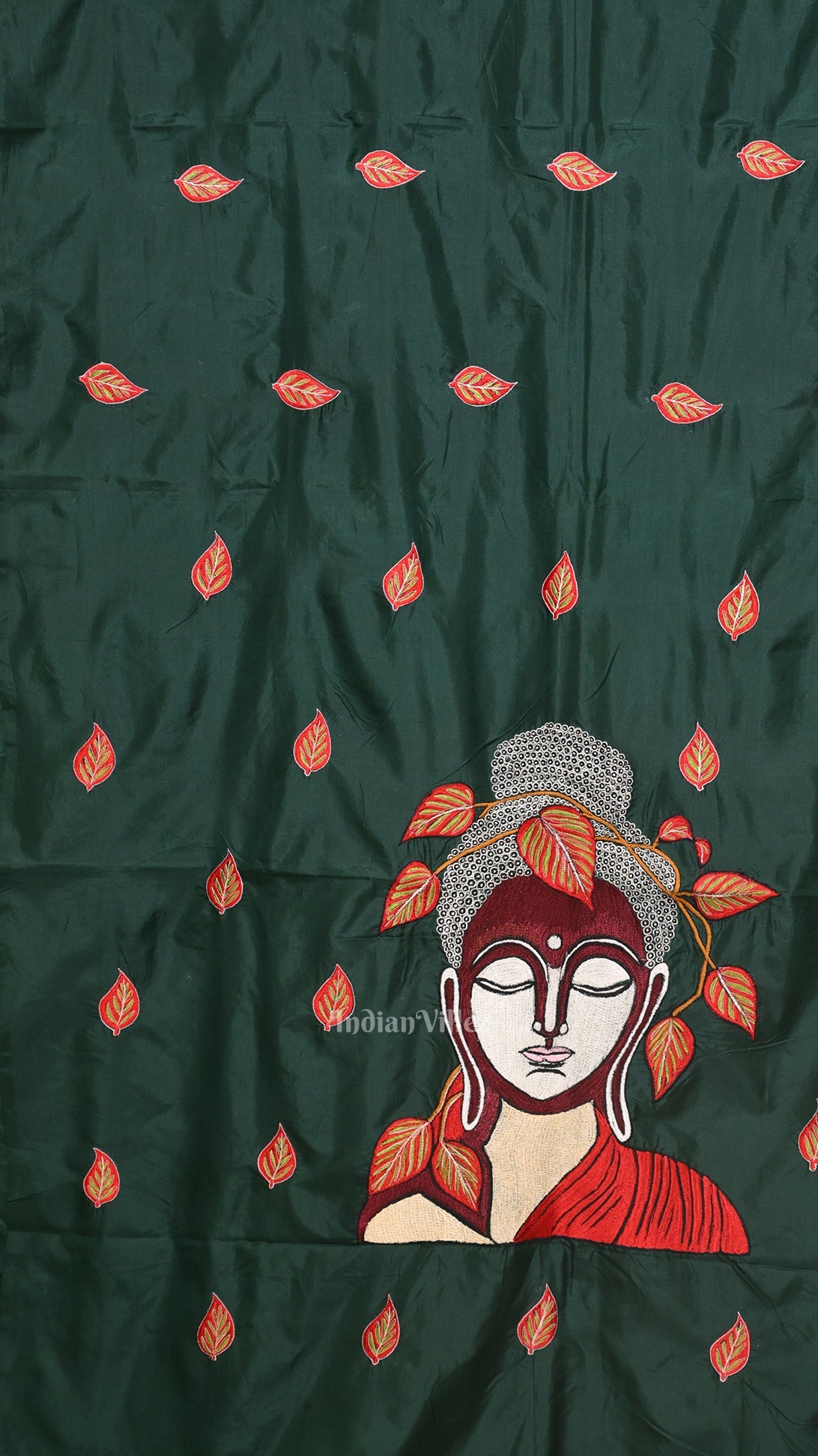 Dark Green Leaf Motif Pure Silk Hand Embroidered Saree