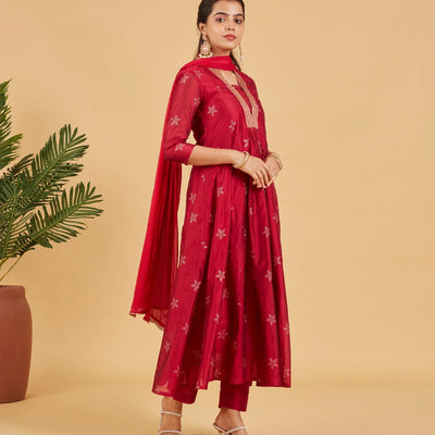 Magenta Red  Festive Kurta Set With Matching Dupatta